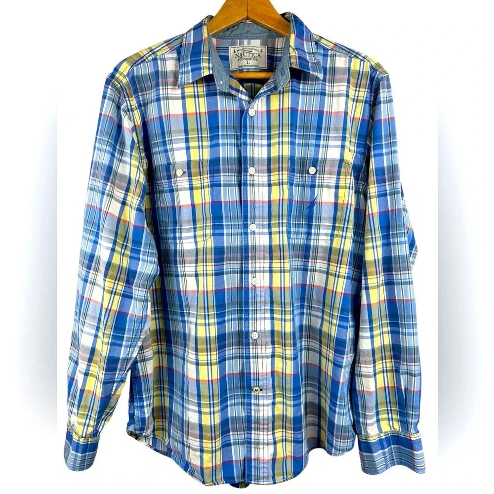 Nautica Made in Mauritius casual button up shirt, L, Vintage Plaid Crisp Cotton
